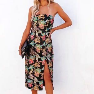 VICI- GANNI JACQUARD STRAPLESS MIDI DRESS - BLACK